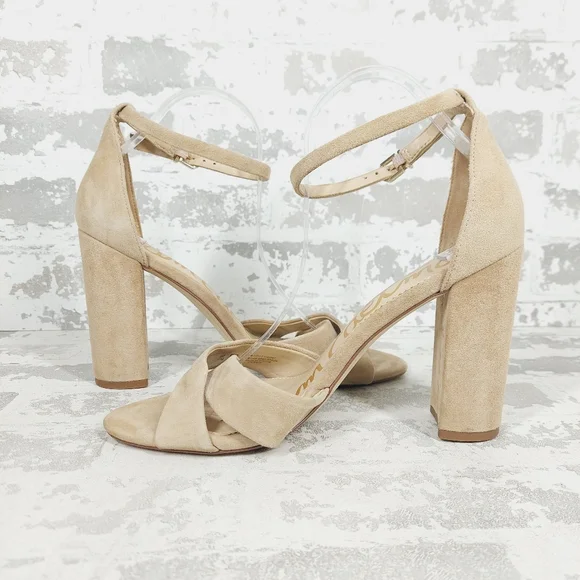New Sam Edelman Yancy Beige Faux Suede Ankle Strap Heeled Sandals X255 - Picture 4 of 12